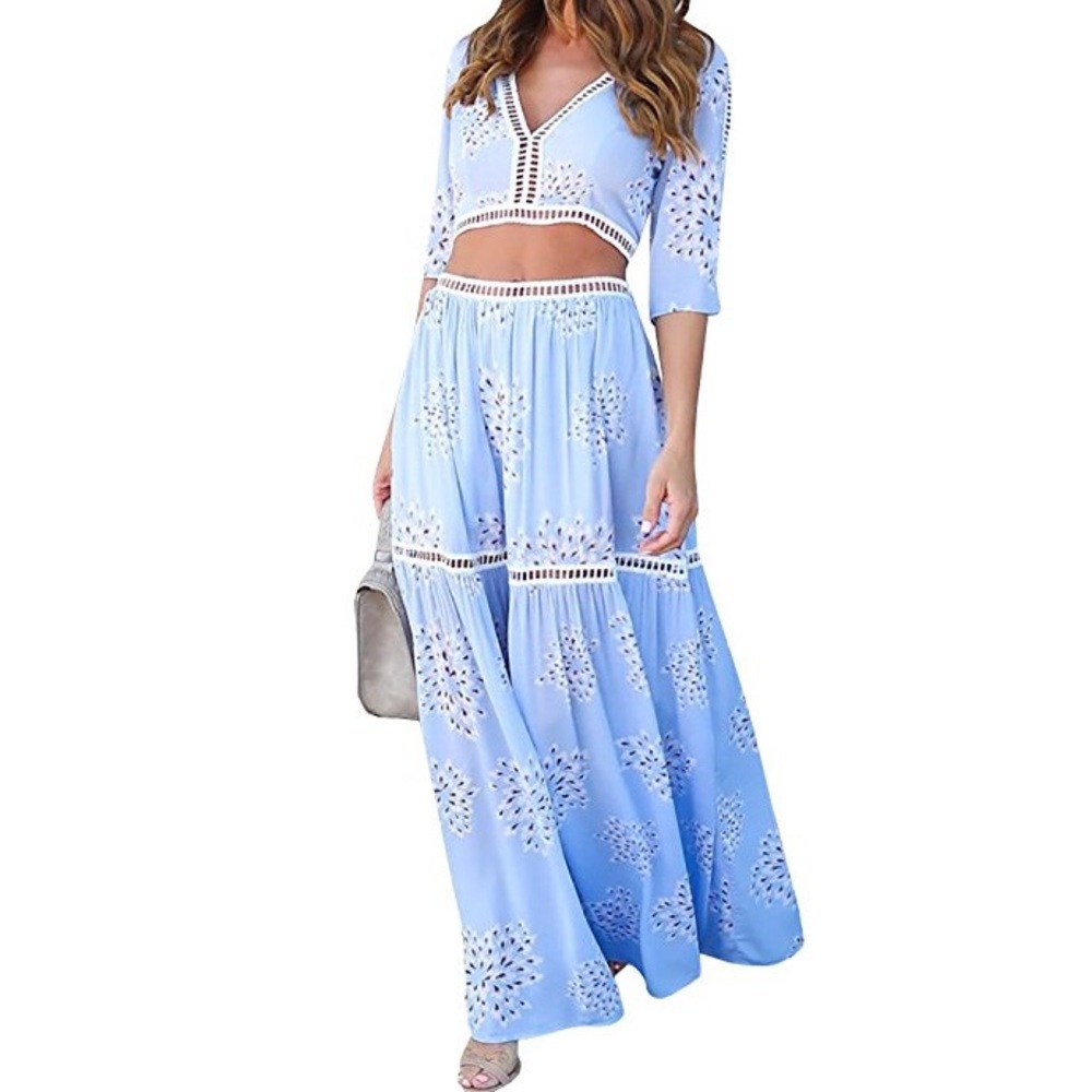 XXL Blue Floral V-Neck Crop Top and Maxi Skirt